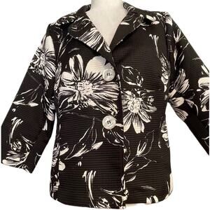 Susan Graver Medium Black White Floral 3/4 Sleeve Button Front Jacket